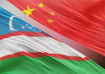 China Flag with Abstract Uzbekistan Flag Illustration 3D Rendering (3D Artwork)