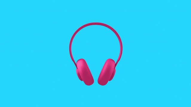 3D rendering, Close up rotating of pink headphone mock up, seamless looping Animation, music sign and symbol idea concept, isolated on blue background.