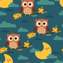 seamless pattern cartoon owl and moon in the night sky. cute wallpaper