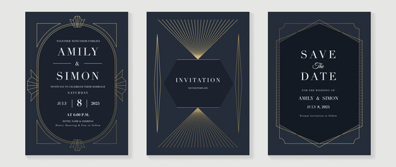 Luxury geometric pattern invitation template. Set of art deco poster design with golden line, ornament, shapes, borders. Elegant card vector perfect for banner, background, wallpaper, wedding. - obrazy, fototapety, plakaty