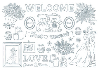 ウェルカムアイテムの線画イラスト. 結婚式のイラスト素材セット. ウェディンググッツ. 手描き.