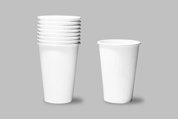 Empty blank white coffee or tea paper cup mock-up without lid isolated on a grey background. 3d rendering. eco friendly.