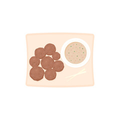 a plate of meat balls with peanut sauce. food. processed meat. flat cartoon illustration. concept design. element