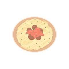 a plate of spaghetti with meat balls and bolognese sauce. food. processed meat. flat cartoon illustration. concept design. element