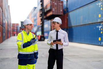 Container yard manager briefing work plan with the supervisor at container yard warehouse.