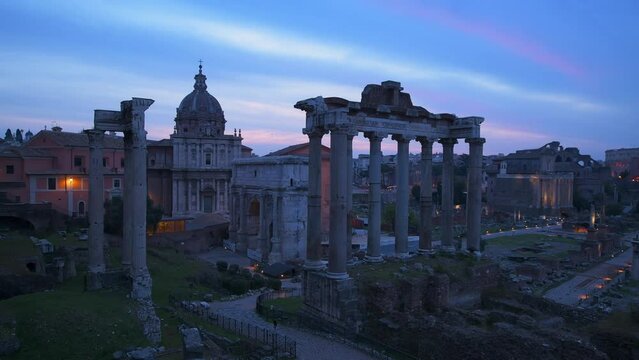 Timelapse of Roman Forum in Rome at sunrise , Lazio, Rome, Italy.