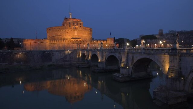 Illuminated Castel Sant Angelo and Ponte Sant Angelo, Rome, Italy