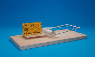 3d illustration, mouse trap and credit card, money trap concept, blue background, 3d rendering