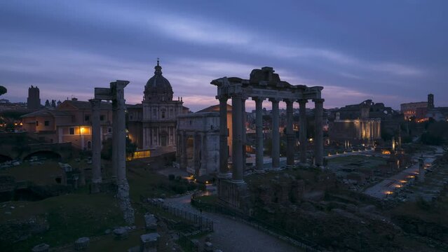Timelapse of Roman Forum in Rome at sunrise, Lazio, Rome, Italy.