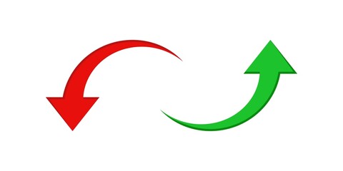 Up down arrow icons. Colored curved arrows. Flat simple red and green arrows isolated on white background. Vector illustration.