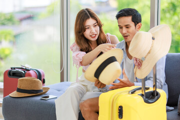 Asian cheerful male female lover couple traveler husband wife in casual summer vacation outfit with...