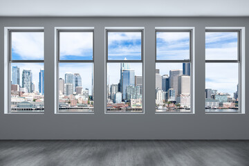 Empty room Interior Skyscrapers View. Cityscape Downtown Seattle City Skyline Buildings from High Rise Window. Beautiful Real Estate. Day time. 3d rendering.