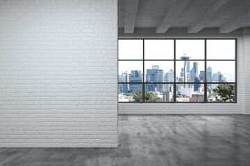 Downtown Seattle City Skyline Buildings from High Rise Window. Beautiful Expensive Real Estate overlooking. Empty room Interior. Mockup wall. Skyscrapers Cityscape. Day. USA. 3d rendering