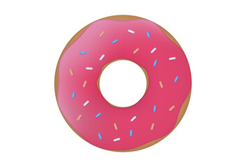 Donut with colored sprinkles. Sweet round cake with pink cream