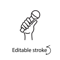 Hand with microphone outline icon. Stand up comedy logo. Karaoke singer item. Isolated vector illustration