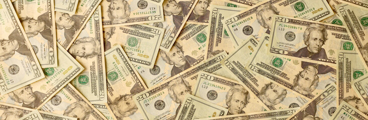 Big amount of old 20 dollar bills details on macro photography. Money earnings, payday or tax...