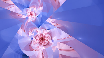 Abstract fractal art background of pink, red and blue fragmented floral shapes with copy space, perhaps suggesting spring time or romance.