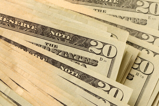 Big Amount Of Old 20 Dollar Bills Details On Macro Photography. Money Earnings, Payday Or Tax Paying Period