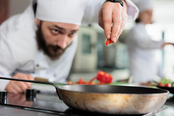 Portrait of head cook garnishing with red bell pepper gourmet dish for dinner service in restaurant professional kitchen. Gastronomy expert throwing fresh and organic vegetables in pan while cooking.