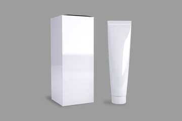 Blank white Cosmetic tube with box mockup isolated on a grey background.3d rendering.