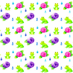 かわいいカエルとあじさいのシームレスパターン　手描き水彩イラストのテキスタイル