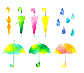 傘のカラフルなイラストセット　初夏・梅雨の手描き水彩イラスト素材集