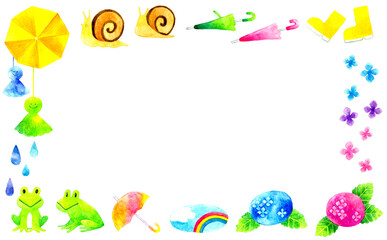 雨季の生き物や道具の背景　梅雨・初夏の手描き水彩イラスト素材