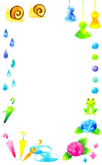 雨季の生き物や道具の背景　梅雨・初夏の手描き水彩イラスト素材