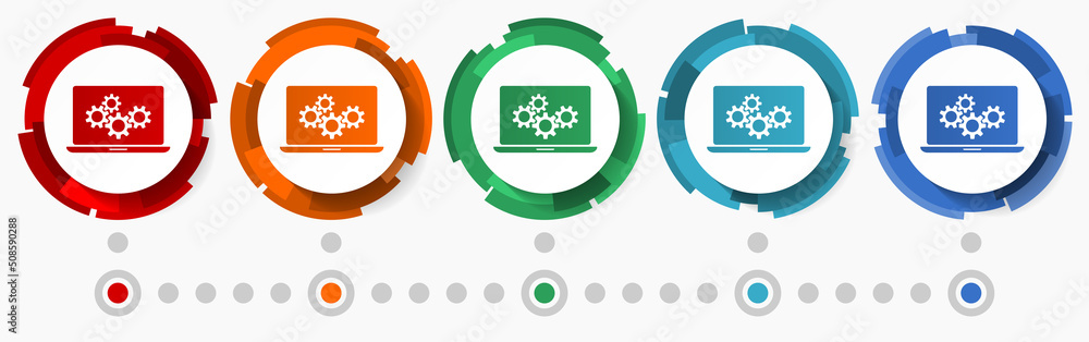 Poster Computer, notebook concept vector icon set, modern design abstract web buttons in 5 color options, infographic template for webdesign and mobile apps