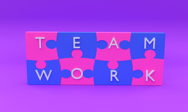 3d illustration, puzzle pieces in blue and pink forming the words team work, mauve background, 3d rendering