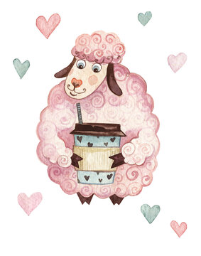 Watercolor illustration Lamb, Esther image, delicacy design element. Lamb with a drink.
