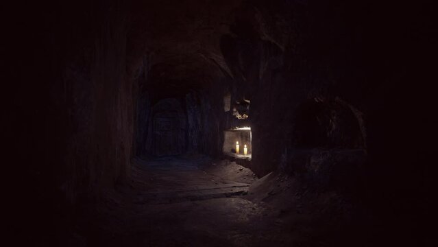 old dark catacombs with candles