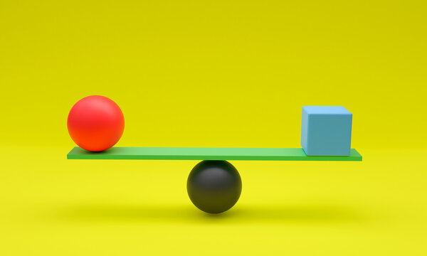 3d illustration, ball and square, balanced, balance concept, yellow background 3d rendering