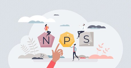NPS or net promoter score as market research metric tiny person concept. Respondent survey about company recommendation score vector illustration. Feedback and corporate loyalty measurement tool. - obrazy, fototapety, plakaty