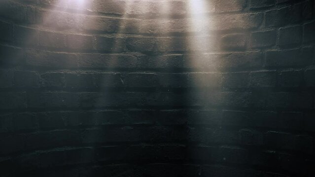 Rays of light in the dark with fog particles fly in the air. Empty brick wall in the background. Seamless loop animation