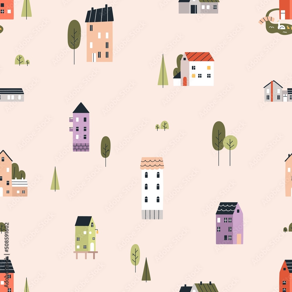 Poster scandinavian pattern with cute sweet houses. repeating print with cozy homes in scandi style. seamle