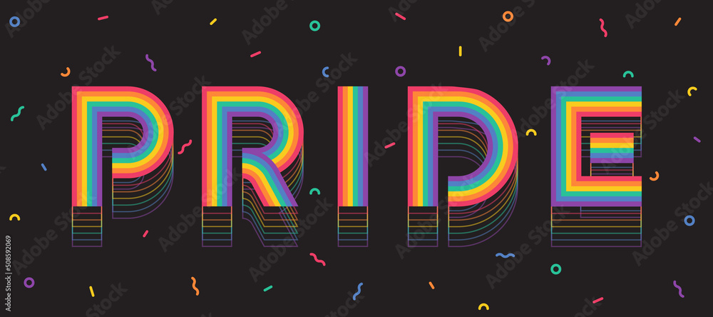 Poster rainbow pride text with line stripe motion shadow and ribbon fireworks texture around on black backg