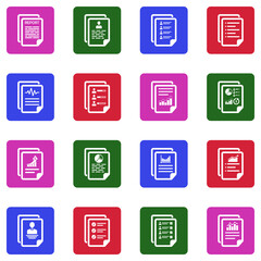 Report Icons. White Flat Design In Square. Vector Illustration.