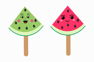 Kawaii style popsicles on a stick in the shape of a watermelon. Fun at sea. Holiday accessories. Vector illustration isolated on white background.