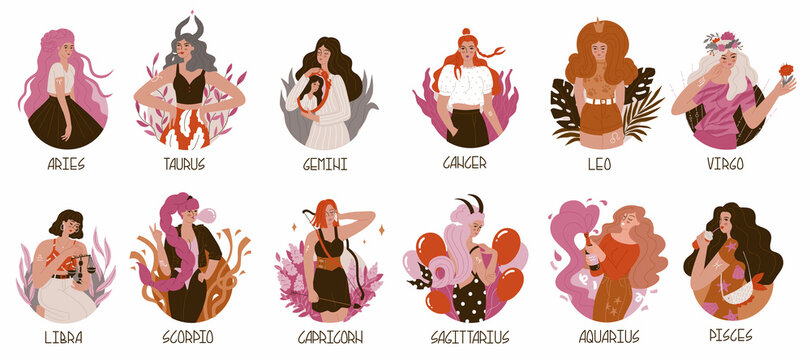 Collection of compositions with girls in the form of zodiac signs. Drawing up a horoscope in astrology. Fashion women. Lovely, modern girls in daring images. Flat style in vector illustration.