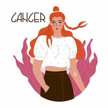 Girl in the image of the zodiac sign Cancer. Beauty astrology. Individual horoscope with beautiful women. Analysis of the characteristics of the date of birth. Flat style in vector illustration.