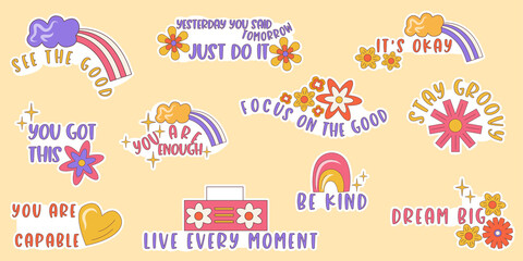 Motivational Stickers groovy retro set. inspirational sticker with slogan and flower, rainbow, heart and text. Y2k positive groovy badge. Vector illustration.