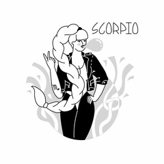 Girl in the image of the zodiac sign Scorpio. Astrology. Сheeky girl with a long plait inflates a gum bubble. Analysis of the characteristics of the date of birth. Flat style in vector illustration.