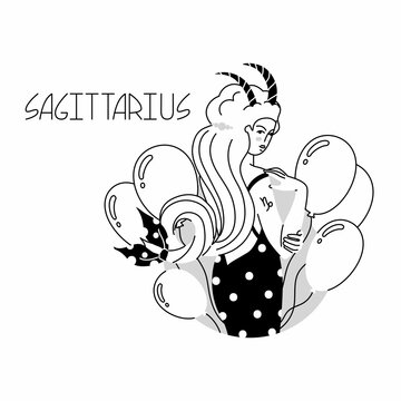 Girl in the image of the zodiac sign Sagittarius. Beauty astrology. Individual horoscope with beautiful women. Analysis of the characteristics of the date of birth. Flat style in vector illustration.