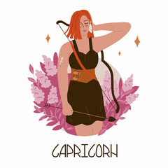 Vector illustration for t-shirt. Girl in the image of the zodiac sign Capricorn. Woman with a bow and arrows. Archery sport. Analysis of the characteristics of the date of birth.