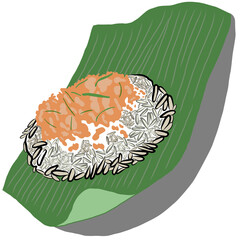 Sticky Rice with Egg Custard,shrimp topping and dried fish.Traditional thai dessert,creative with illustration in flat design.