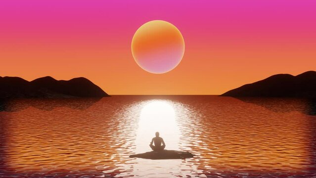 Silhouette of man meditating relaxing and enjoy beauty sunset on the ocean coast. 3d Synthwave animated background. Seamless loop.