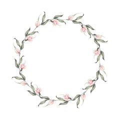 Watercolor wreath of flowers and leaves isolated on a transparent background.