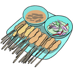 Grilled pork on stove,Pork Satay with Peanut Sauce.Made from pork,chicken,or beef,Marinated with spices and coconut milk,and dipping sauce on a plate,creative with illustration in flat design.