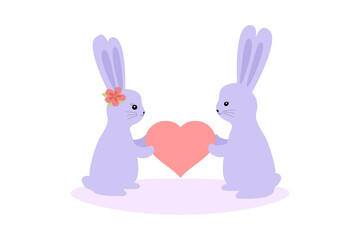 Cute rabbits are holding a heart. Love concept. Vector illustration isolated on white background.